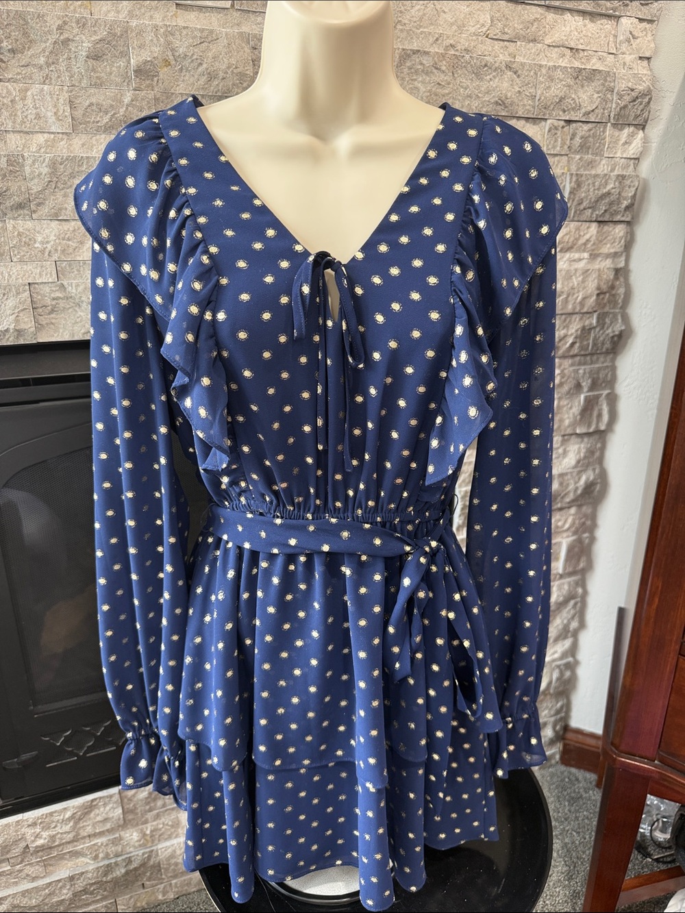 Yumi Kim Navy and Gold Swiss Dot Long Sleeve Dress